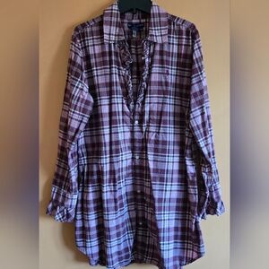 Ralph Lauren Ruffled Deep V-neck Burgundy Plaid Button-Up Shirt Dress, S/M